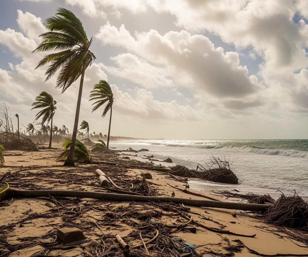 Na zdjęciu widoczna jest piaszczysta plaża usłana powalonymi pniami drzew, gałęziami i innymi szczątkami roślinnymi, rozciągająca się wzdłuż wzburzonego oceanu. W lewej części obrazu kilka wysokich palm kokosowych, z wyraźnie ugiętymi liśćmi, świadczy o silnym wietrze; jedna z nich leży na piasku. Niebo pokryte jest licznymi, puszystymi chmurami, a słońce, znajdujące się w prawej górnej części, rozświetla horyzont, tworząc jasną poświatę nad wodą i niebem.