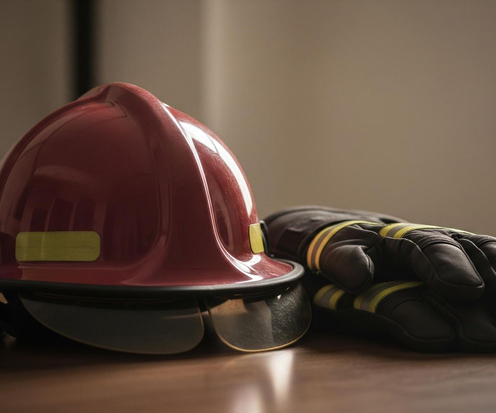 Na pierwszym planie, po lewej stronie, leży czerwony kask ochronny z odblaskowymi, żółtymi elementami. Obok kasku, po prawej stronie, spoczywa para czarnych rękawic z żółtymi i szarymi paskami odblaskowymi. Obiekty znajdują się na brązowej, drewnianej powierzchni, która odbija światło. Tło jest jasnoszare i rozmyte.