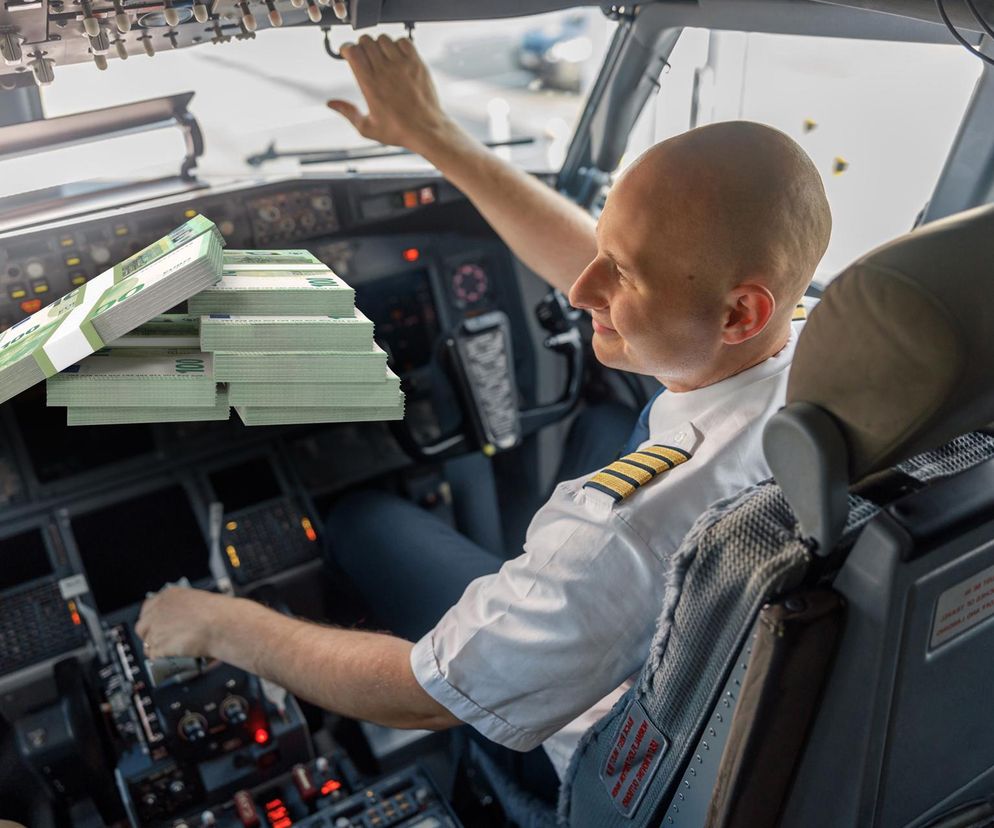 Łysiejący pilot samolotu w białej koszuli z pagonami siedzi w kokpicie, sterując maszyną, z ręką na górnym panelu. Obok niego leży stos banknotów euro, symbolizujący wysokie zarobki. Na portalu Super Biznes przeczytasz o zarobkach pilotów w 2025 roku.