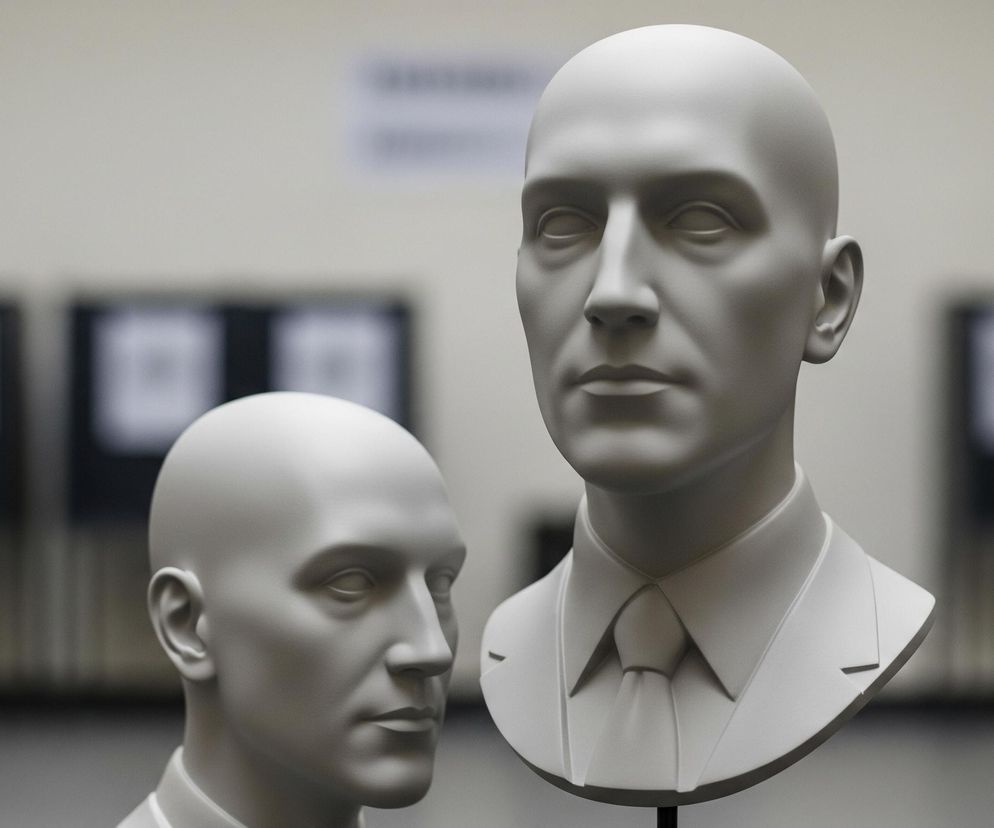 Na pierwszym planie znajdują się dwa białe, bezwłose, męskie popiersia manekinów, odzianych w kołnierzyki koszul i krawaty. Większe popiersie jest skierowane przodem do widza i znajduje się po prawej stronie kadru, a jego twarz jest wyrazista, z zaznaczonymi oczodołami, nosem i ustami. Mniejsze popiersie, z lewej strony kadru, jest lekko odwrócone, pokazując lewy profil. Tło jest rozmyte, z widocznymi ciemnymi prostokątnymi kształtami i jasnymi elementami powyżej.