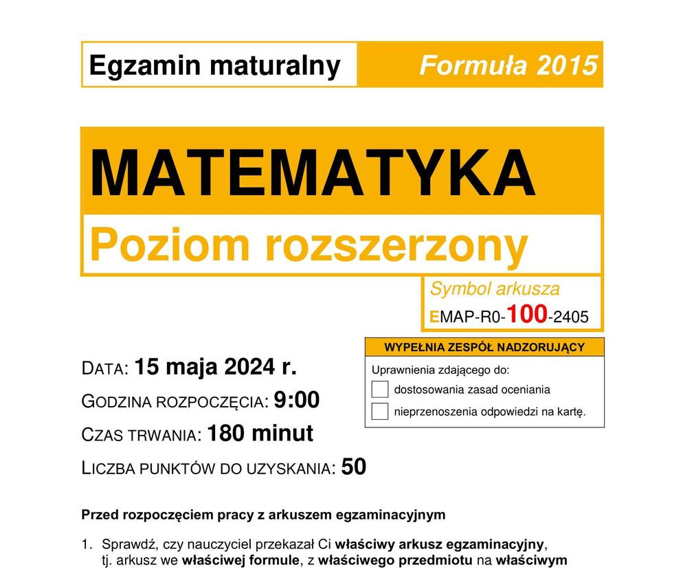 Matura 2024: matematyka. Arkusze CKE i odpowiedzi. Poziom rozszerzony [Formuła 2015]