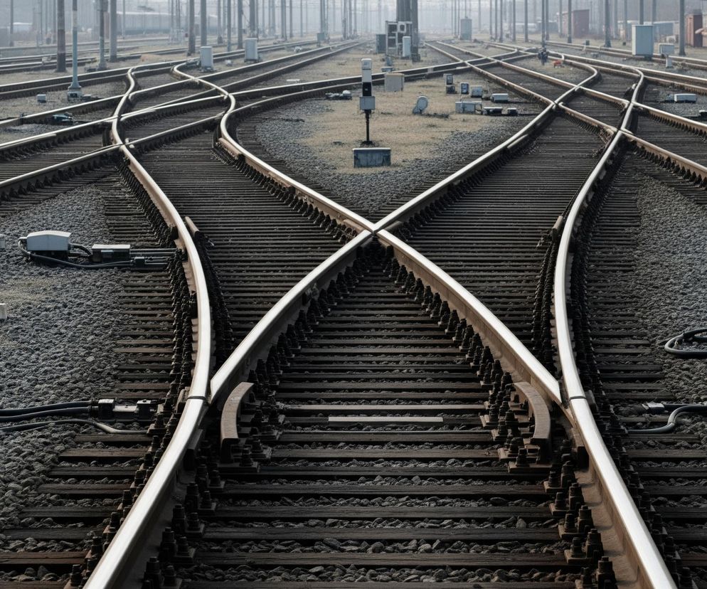 Widok z lotu ptaka przedstawia rozległy, złożony układ torów kolejowych rozchodzących się w wielu kierunkach, biegnących w głąb obrazu. Tory są zbudowane z jasnych, metalicznych szyn ułożonych na ciemnych podkładach, osadzonych w szarym tłuczniu. W centralnej części obrazu widoczne są zwrotnice, tworzące krzyżujące się linie, kierujące się w lewo i w prawo. Po obu stronach torów rozmieszczone są liczne skrzynki sygnałowe i słupy trakcyjne, które znikają w oddali w lekkiej, szarawej mgle. Na horyzoncie, w tle, zarysowane są budynki i inne obiekty infrastruktury kolejowej.