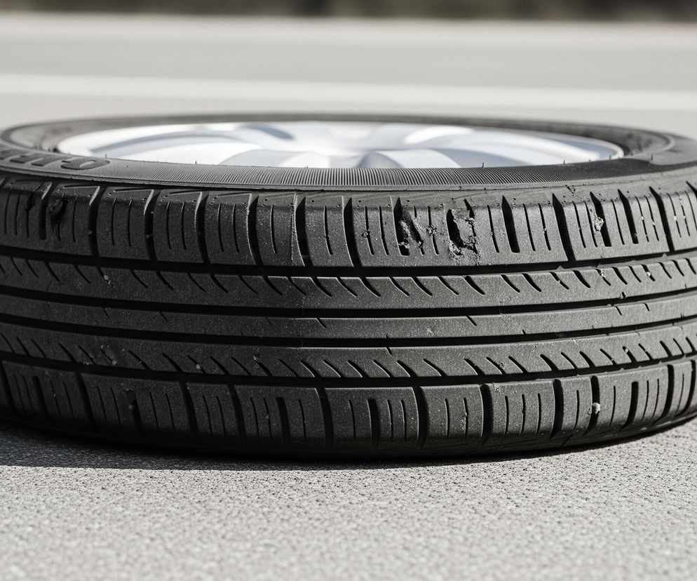 Na pierwszym planie leży czarna opona samochodowa na szarym, ziarnistym podłożu, z widocznym bieżnikiem i fragmentem srebrnej felgi pośrodku. Bieżnik opony składa się z kilku podłużnych rowków i licznych poprzecznych lameli, pomiędzy którymi znajdują się drobne, brązowe fragmenty, prawdopodobnie ziemi lub piasku. Na oponie w górnej części widać napisy i drobne, podłużne wypustki. Lewa strona zdjęcia jest zacieniona, tworząc wyraźny cień rzucany przez oponę.