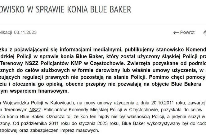 Stanowisko Komendy Wojewódzkiej Policji w Katowicach w sprawie konia Blue Bakera