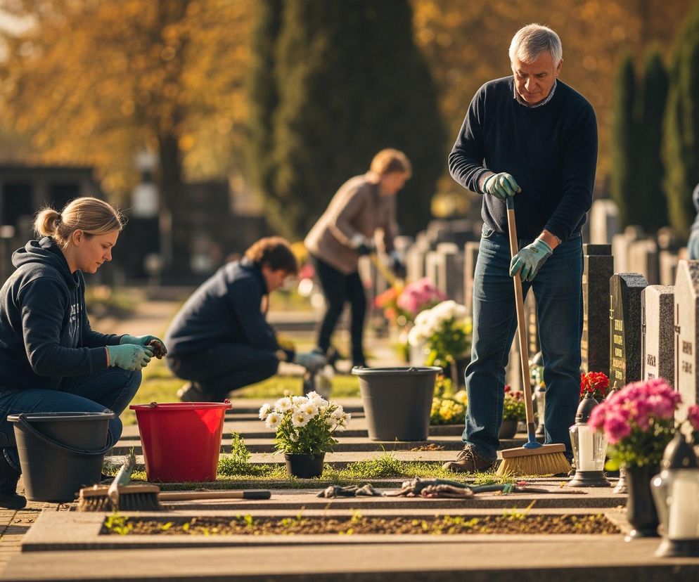 Kilka osób, głównie na pierwszym planie, zajmujących się porządkowaniem nagrobków na cmentarzu. Mężczyzna w centrum obrazu, w granatowym swetrze i jeansach, stoi i trzyma miotłę, opierając się na jej trzonku, ma na sobie zielone rękawice. Po lewej stronie, kobieta w ciemnej bluzie z kapturem i jeansach, kuca przy nagrobku, również w rękawicach, obok niej stoi czarne wiadro i czerwone wiadro. Na pierwszym planie, na nagrobkach i pomiędzy nimi, widać znicze, doniczki z kwiatami (chryzantemy w odcieniach bieli, różu i żółci) oraz narzędzia do sprzątania. W tle widoczne są kolejne nagrobki i rozmyte sylwetki innych osób wykonujących podobne czynności, a także jesienne drzewa z żółto-pomarańczowymi liśćmi.