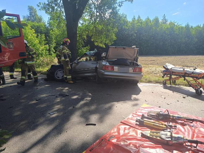 Wypadek pod Pabianicami. Mercedes rozpadł się na pół po uderzeniu w drzewo [ZDJĘCIA].