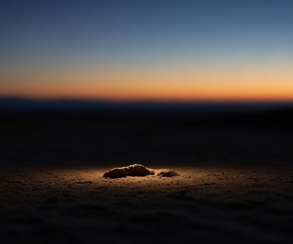 Na pierwszym planie, centralnie, leży mały, podłużny kawałek gruntu lub kamień, który jest intensywnie oświetlony ciepłym, pomarańczowo-żółtym światłem. Otaczająca go powierzchnia ziemi jest ciemna i ziarnista, z delikatnymi nierównościami, zanikająca w nieostrym cieniu ku brzegom kadru. Tło stanowi rozległy, zamglony horyzont, gdzie niebieskie niebo stopniowo przechodzi w pomarańczowo-czerwone odcienie tuż nad ciemną, rozmytą linią, która sugeruje odległe wzgórza lub krajobraz.
