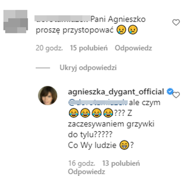 Agnieszka Dygant odpowiada fance