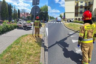 Groźny wypadek w Tarnowie. Samochód dachował i potrącił pieszą. Dwie osoby w szpitalu