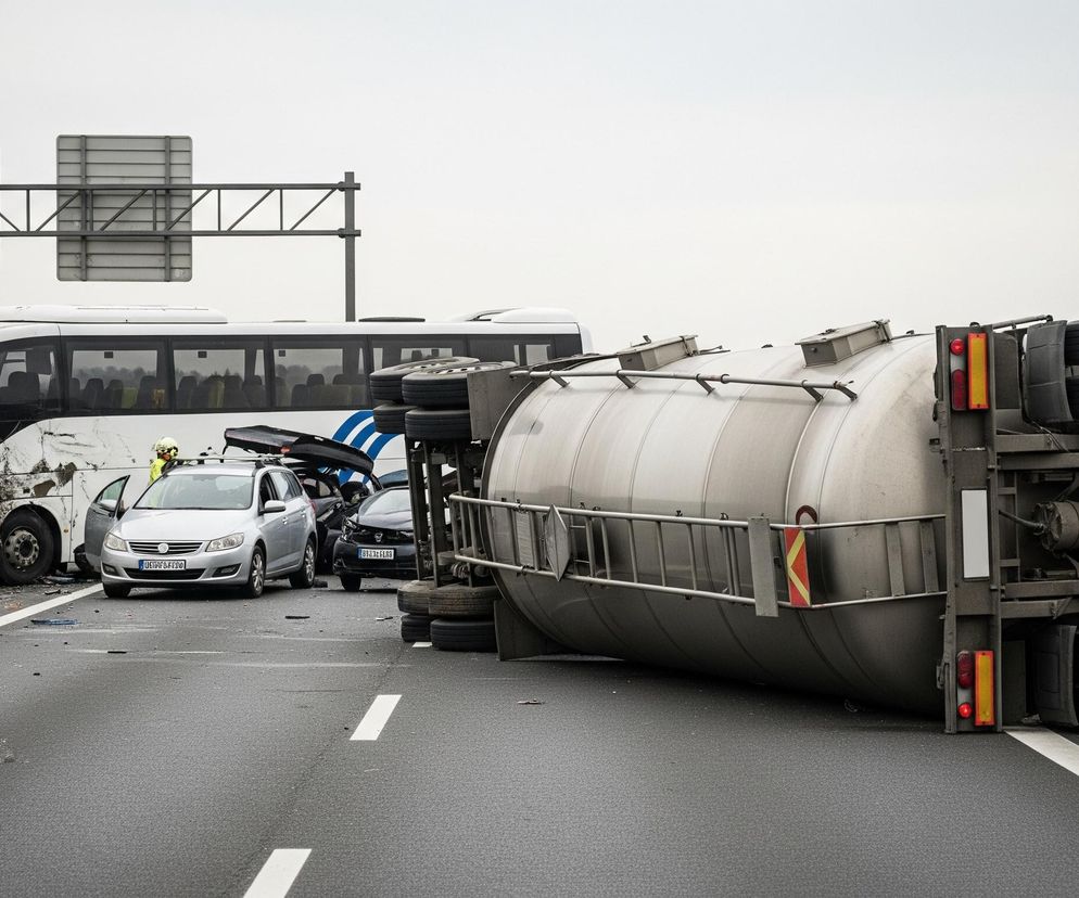 Na drodze dwupasmowej, pod pochmurnym niebem, widać dużą kolizję pojazdów. Po lewej stronie pasa widać uszkodzony biały autobus z mocno zdeformowanym przodem i rozbitą przednią szybą. Obok niego, nieco z przodu, stoi srebrny samochód osobowy, również z widocznymi uszkodzeniami z przodu, a za nim czarny, mocno rozbity samochód osobowy. Na prawym pasie leży przewrócona cysterna, jej szara beczka zwrócona jest w stronę pasa, a koła i spód pojazdu wystają w górę. Na drodze, pomiędzy pojazdami, rozsypane są liczne odłamki i fragmenty karoserii. Przy uszkodzonym autobusie stoi osoba w odblaskowej kamizelce, prawdopodobnie strażak lub ratownik, oglądająca uszkodzenia.