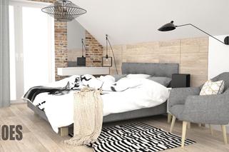 Biało szara sypialnia z dodatkiem drewna i cegły