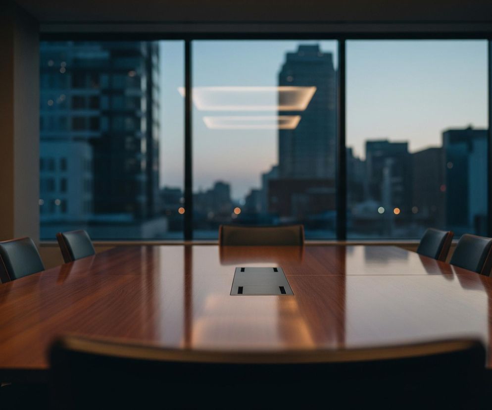 Długi, polerowany, drewniany stół konferencyjny w ciepłym odcieniu brązu zajmuje centralne miejsce, odbijając światło z zewnątrz. Wokół stołu ustawione są skórzane krzesła z czarnymi oparciami i brązowymi krawędziami. W tle widać duże okno z widokiem na miejski krajobraz z wysokimi budynkami, ukazując zmierzchowe niebo w odcieniach błękitu i pomarańczy.