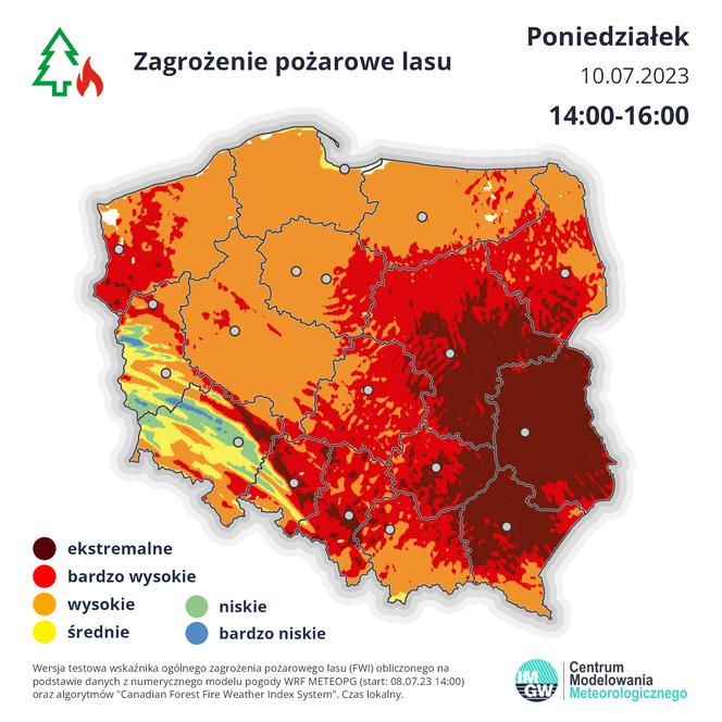 Zagrożenie pożarowe w polskich lasach - poniedziałek 10.07.2023