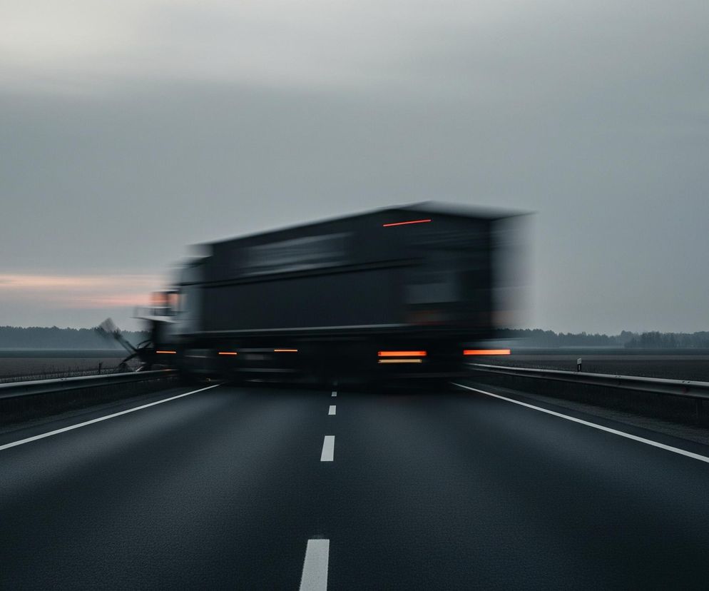 Ciężarówka z naczepą w kolorze ciemnego grafitu pędzi po szerokiej, asfaltowej drodze, pozostawiając za sobą rozmyty ślad ruchu. Pojazd jest oświetlony pomarańczowymi światłami pozycyjnymi z tyłu oraz pojedynczą czerwoną linią na górze naczepy. Droga ma dwie wyraźne białe linie: ciągłą po prawej stronie i przerywaną pośrodku. Po obu stronach jezdni biegną metalowe bariery energochłonne, za którymi widać pola uprawne i odległą linię drzew pod pochmurnym, szarym niebem z delikatnym różowym akcentem na horyzoncie.