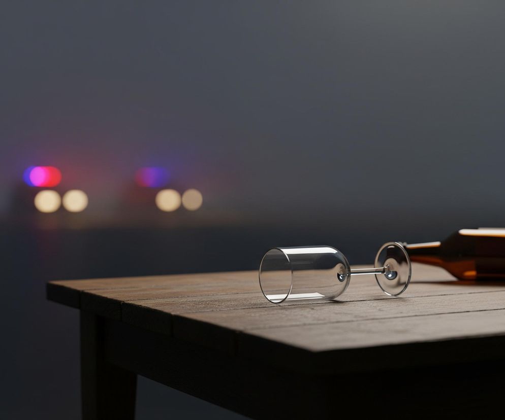 Na drewnianym stole leży przewrócony kieliszek do wina obok poziomo ułożonej, pustej brązowej butelki. W tle, rozmyte i niewyraźne, widać czerwone i niebieskie światła błyskowe oraz cztery okrągłe, jasne reflektory, sugerujące obecność pojazdów służb ratunkowych. Cała scena utrzymana jest w ciemnych, stonowanych barwach, z delikatnym oświetleniem padającym na obiekty na pierwszym planie.