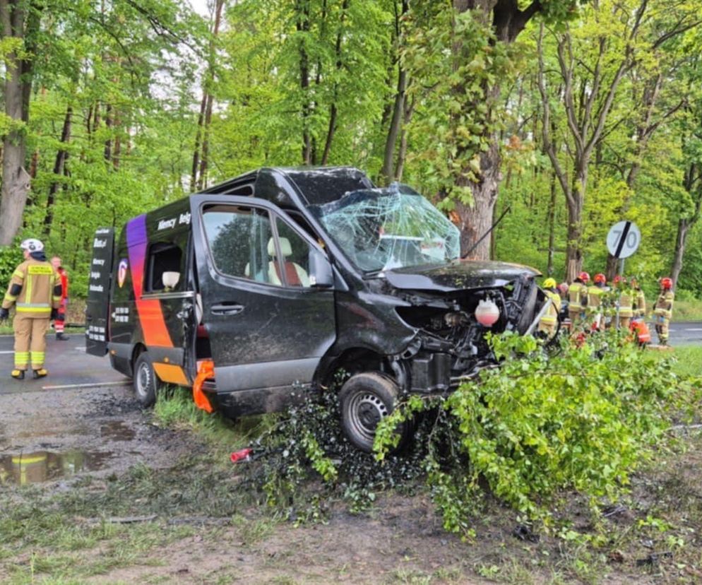 Wypadek pod Radomskiem. Bus wbił się w drzewo! Sześć osób w szpitalu, droga zablokowana [ZDJĘCIA]