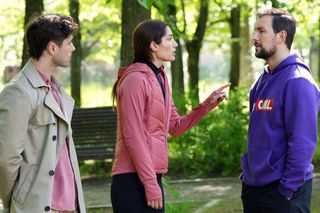 Barwy szczęścia odc. 3249. Celina (Orina Krajewska), Cezary Rawicz (Marcel Opaliński), Marcin Kodur (Oskar Stoczyński)