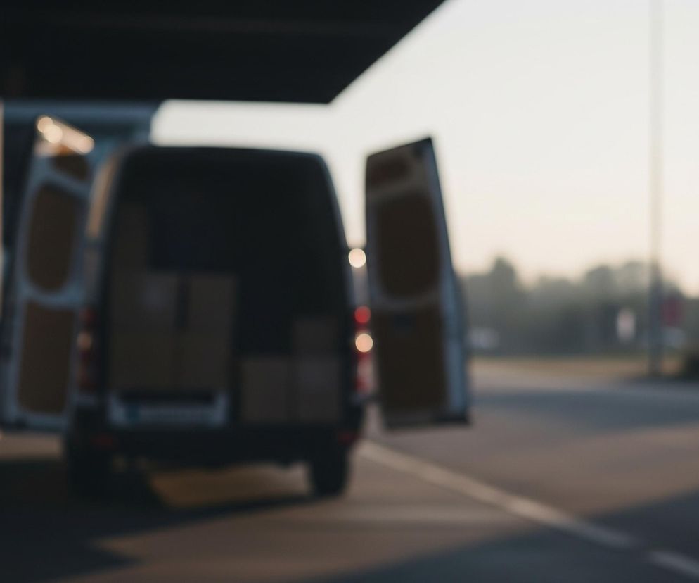 Czarny van dostawczy stoi tyłem, z otwartymi dwoma skrzydłowymi drzwiami bagażnika, wypełnionymi kartonowymi pudełkami. Pojazd znajduje się w zacienionej przestrzeni, prawdopodobnie pod dachem, co widać po padającym na lewą ścianę świetle słonecznym. Na prawym planie, za pojazdem, rozciąga się przestrzeń z niewyraźną drogą i horyzontem zarysu drzew i budynków w tle, zalana jasnym, rozproszonym światłem. Całość jest rozmyta, co sugeruje płytką głębię ostrości.