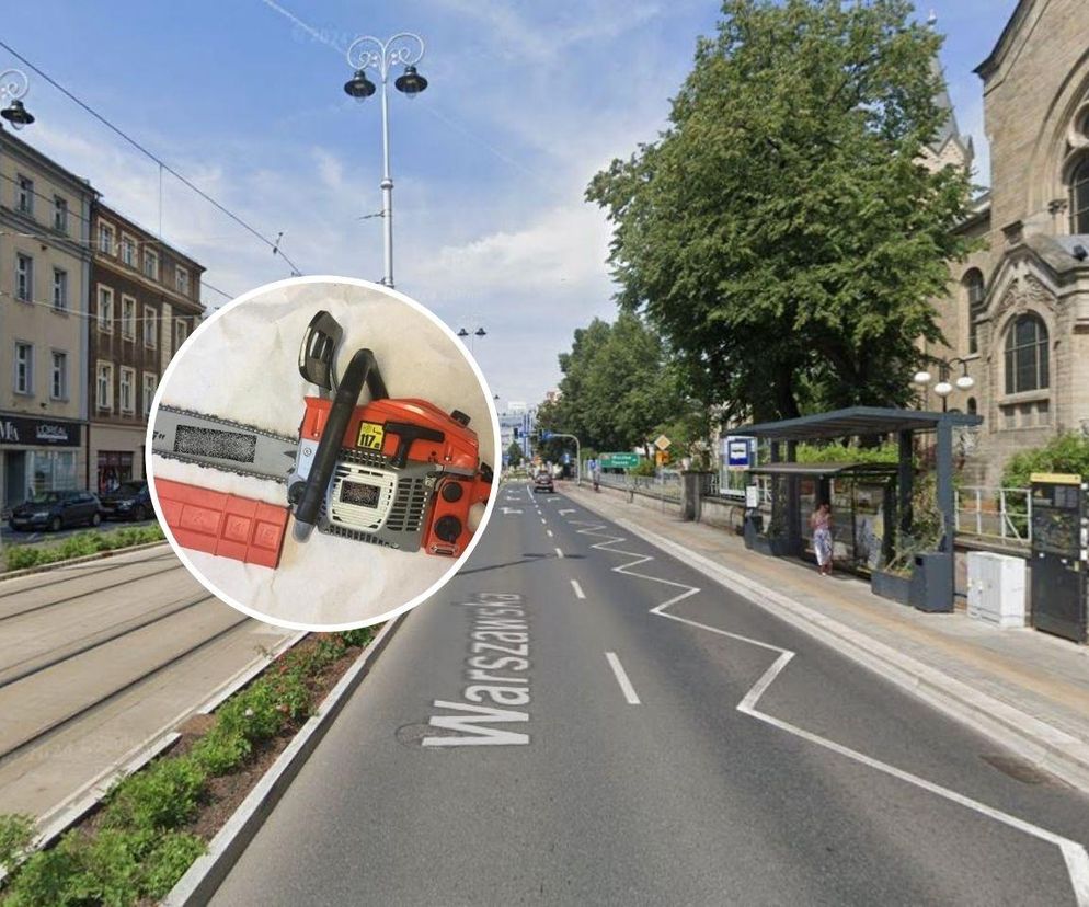 Szedł ulicą z piłą mechaniczną i niszczył śmietniki
