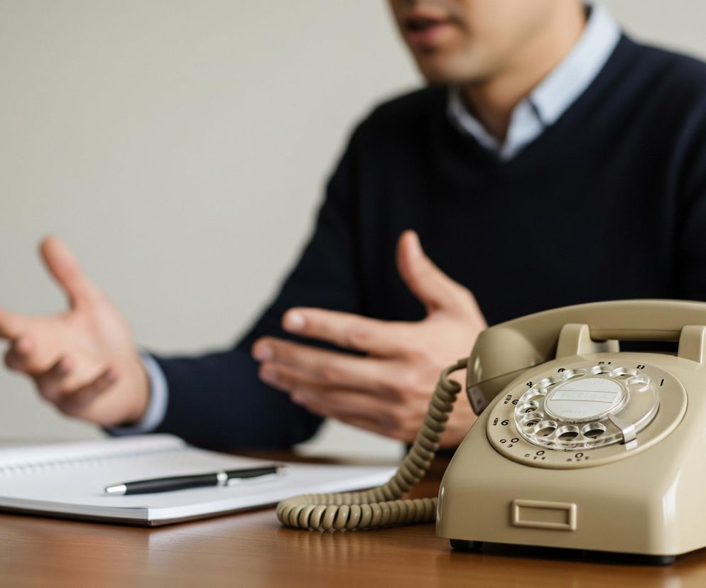 Na drewnianym biurku widoczny jest beżowy telefon stacjonarny z tarczą numerową i kręconym kablem. Po lewej stronie telefonu leży otwarty notes z białymi kartkami i długopisem. W tle, częściowo niewyraźna, jest osoba w granatowym swetrze i jasnej koszuli, której ręce są uniesione w geście mówienia, a usta lekko otwarte. Tło jest neutralne, jasnoszare.