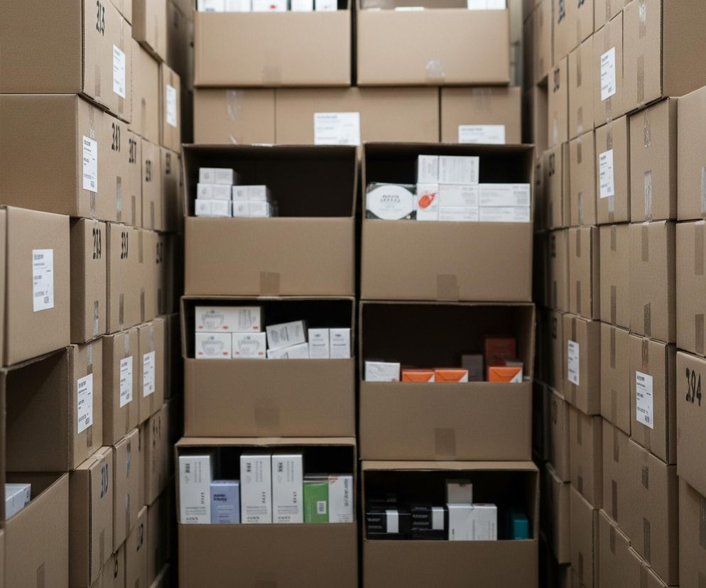 Szeroki korytarz magazynowy wypełniają rzędy ułożonych jeden na drugim kartonowych pudeł w odcieniach brązu, rozciągające się od lewej do prawej i w głąb obrazu. Pudełka po obu stronach korytarza są głównie zamknięte i posiadają etykiety lub numery wypisane czarnym tuszem, niektóre z nich są rozmyte z powodu płytkiej głębi ostrości. W centrum kadru, na środku korytarza, stoją otwarte kartony, ukazujące różnokolorowe opakowania produktów wewnątrz, ułożone w schludne rzędy lub stosy.