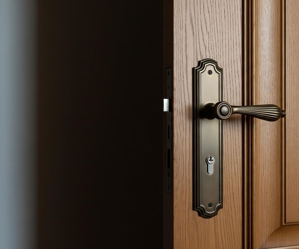 Widoczne są otwarte, drewniane drzwi o jasnobrązowym kolorze z wyraźnym usłojeniem. Na prawym skrzydle drzwi zamontowana jest klasyczna, mosiężna klamka i szyld z otworem na klucz. Po lewej stronie, w przestrzeni pomiędzy otwartymi drzwiami, widać ciemne, niewyraźne tło oraz fragment jasnoszarej ściany.