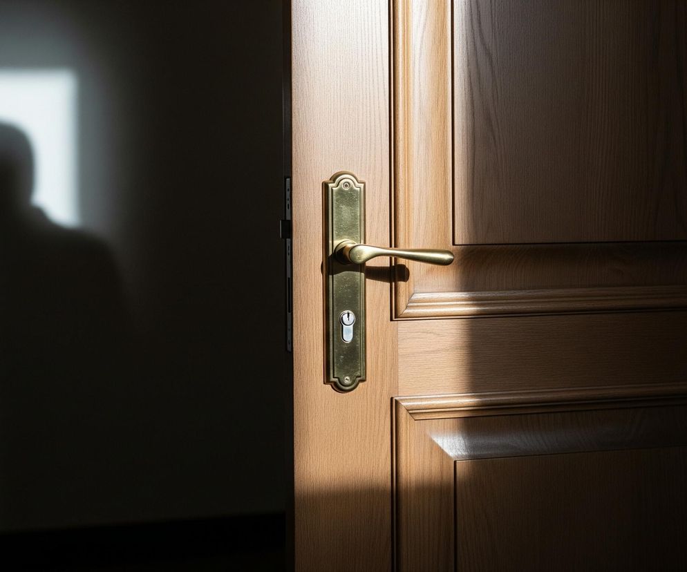 Jasna, prostokątna smuga światła pada na lewą ścianę, tworząc wyraźny kontur postaci ludzkiej. Sylwetka z profilu, zwrócona w lewo, ma krótkie włosy i ramiona zarysowane w górnej części tułowia. Po prawej stronie obrazu widać otwarte drzwi w kolorze jasnego drewna, ze złotą klamką i zamkiem, częściowo oświetlone światłem padającym z góry. Część drzwi jest w cieniu, a na ścianie za nimi panuje ciemność.