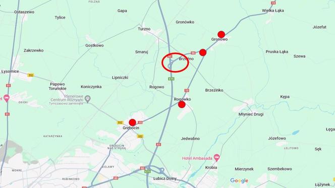 Mapa z zaznaczonymi punktami protestów rolników w Toruniu i okolicach