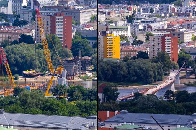 Porównanie stanu budowy kładki przez Wisłę w 2023 i 2024 r.