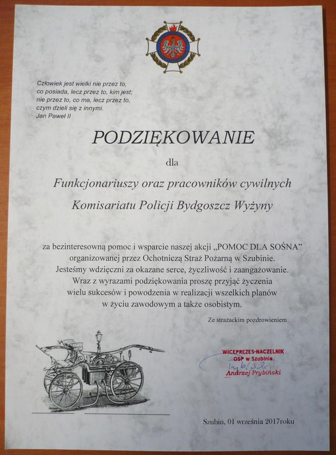 Policjanci z bydgoskich Wyżyn  wraz z OSP w Szubinie zorganizowali zbiórkę pieniędzy dla Sośna [ZDJĘCIA]