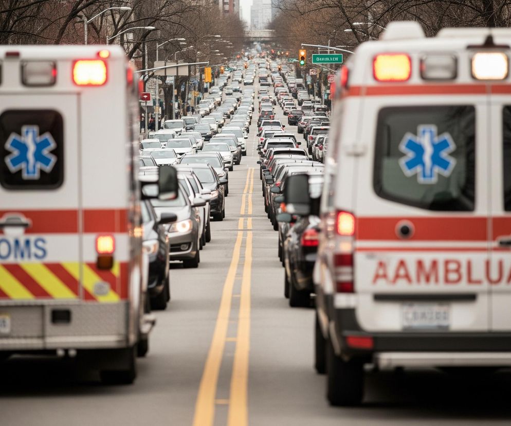 Dwa ambulansy stoją na ulicy, a za nimi w oddali widać długi sznur samochodów. Lewy ambulans ma na tylnych drzwiach odwrócony napis „AMULOMS” i czerwono-żółte pasy w jodełkę u dołu, a prawy napis „AAMBUANCA” również odwrócony. Oba pojazdy mają na tylnych drzwiach niebieskie emblematy gwiazdy życia oraz włączone czerwone światła sygnalizacyjne na dachu. Ulica jest oznaczona podwójnymi, ciągłymi, żółtymi liniami, biegnącymi wzdłuż środka. W oddali widoczne są sygnalizatory świetlne, niektóre z zielonym światłem, oraz brązowe drzewa z gołymi gałęziami po obu stronach drogi.