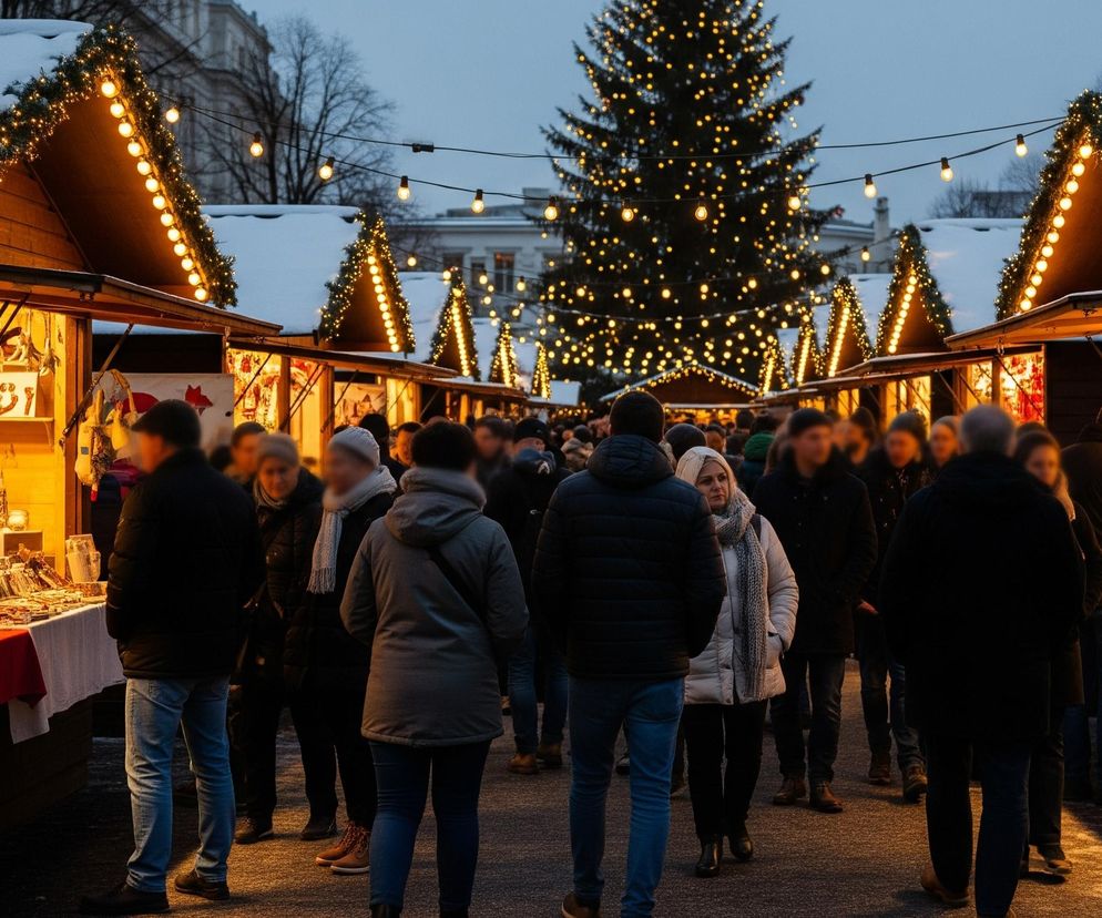 Zimowy krajobraz przedstawia jarmark z licznymi drewnianymi stoiskami, których dachy pokryte są śniegiem i ozdobione girlandami z ciepłych, jasno świecących lampek. W oddali dominuje duża choinka, również gęsto oświetlona drobnymi, żółtymi światełkami. Pomiędzy dwoma rzędami straganów, które oświetlają aleję swoim wewnętrznym blaskiem, przechadza się tłum ludzi, ubranych w zimowe kurtki i czapki, a ich sylwetki są częściowo rozmyte. Niebo jest ciemne, lekko granatowe, co sugeruje późny wieczór lub wczesny zmierzch, a nad głowami przechodniów wiszą dodatkowe sznury z pojedynczymi żarówkami, które również emitują ciepłe światło.
