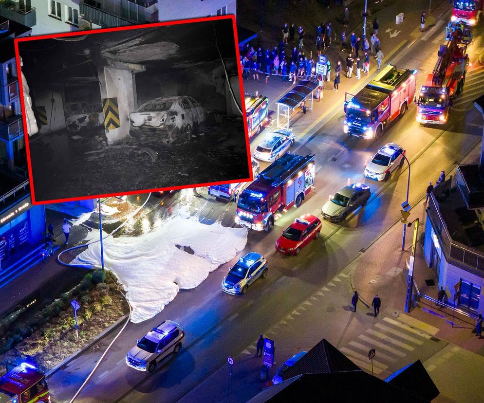 Pokazali jak wygląda wnętrze spalonego garażu w Ząbkach. Ogień pojawił się w nocy. Ewakuowano 300 osób