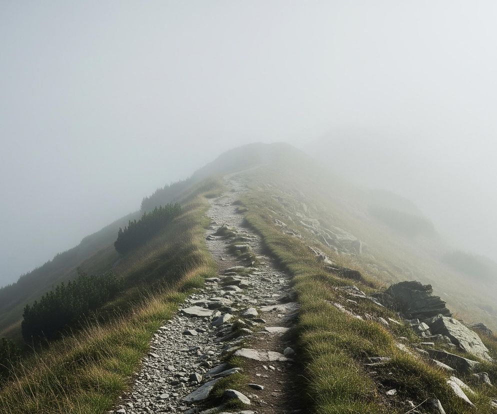 Kamienista ścieżka wije się pod górę przez mglisty, skalisty krajobraz, dominujący w centrum kadru. Po obu stronach ścieżki rozciąga się zielona trawa i kępy krzewów, a niżej widoczne są zbocza gór, częściowo ukryte w gęstej, szarej mgle. Niebo jest całkowicie zakryte przez jednolitą, jasną mgłę.