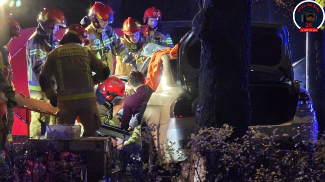 Potworny wypadek w Warszawie. BMW roztrzaskane o drzewo, kierowca zakleszczony