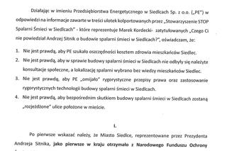 Władze PEC podkreślają, że treść ulotki o budowie spalarni w Siedlcach jest nieprawdziwa i publikują oświadczenie w tej sprawie