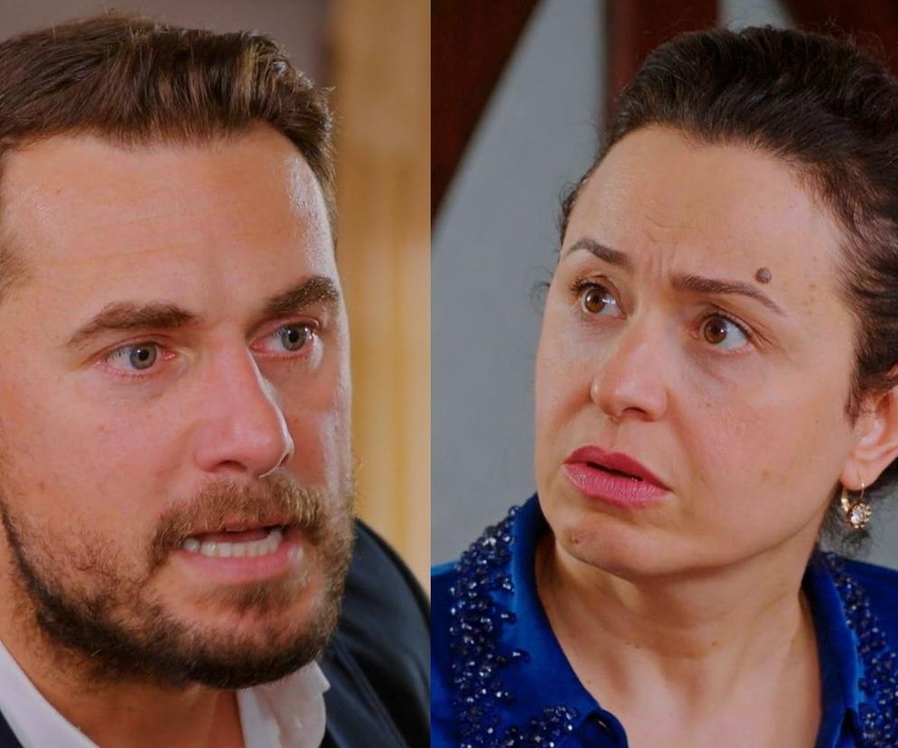 Wściekły Kuzey z serialu Miłość i nadzieja, patrzący w bok z otwartymi ustami i Cavidan z zatroskaną miną, w niebieskiej bluzce, konfrontują się. Bohaterowie z Super Seriale przeżywają trudne chwile.