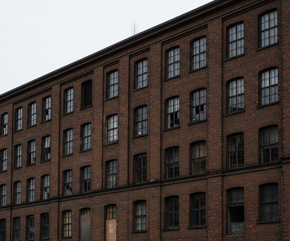 Duży, stary, ceglany budynek w kolorze ciemnej czerwieni, pokryty rzędami okien z czarnymi ramami, dominuje w kadrze. Okna na poszczególnych piętrach są różnej wielkości, niektóre z nich są zabite deskami, a inne mają wybite szyby. Na górnej krawędzi budynku, na tle jasnego, zachmurzonego nieba, rośnie niewielkie, bezlistne drzewko.