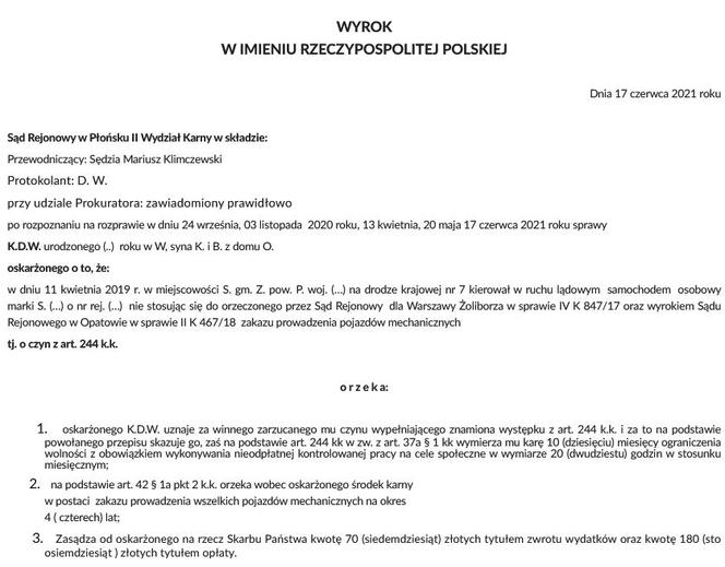 Wyrok Sądu Rejonowego w Płońsku