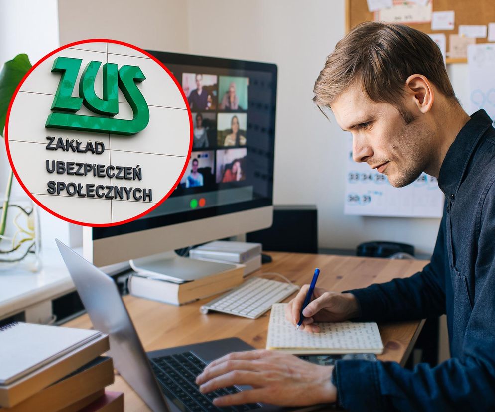 Mężczyzna pracuje przy laptopie, obok logo ZUS symbolizujące rewolucję w Kodeksie pracy od 2026. Zmiany obejmą doliczanie umów zleceń i działalności do stażu, co przełoży się na dłuższy urlop. Więcej o warunkach na Super Biznes.