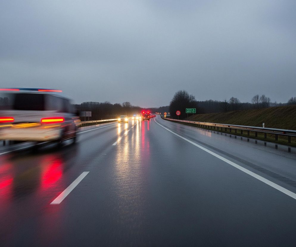 Mokra, ciemna droga z dwoma pasami ruchu rozciąga się w prawą stronę obrazu, z białymi liniami oddzielającymi pasy. Po lewej stronie, lekko rozmyte, widoczne jest tylne światło czerwono-białego pojazdu. Przed nim, w oddali, widać sznur samochodów z włączonymi światłami przednimi i tylnymi, których odblaski odbijają się na mokrej nawierzchni. Horyzont dominuje szare, zachmurzone niebo, a po obu stronach drogi rozciągają się ciemne, bezlistne drzewa i niskie wzniesienia porośnięte trawą. Na środkowym planie, nad barierką po prawej stronie drogi, znajduje się zielony znak drogowy z białym napisem oraz okrągły znak ograniczenia prędkości z cyfrą 80.