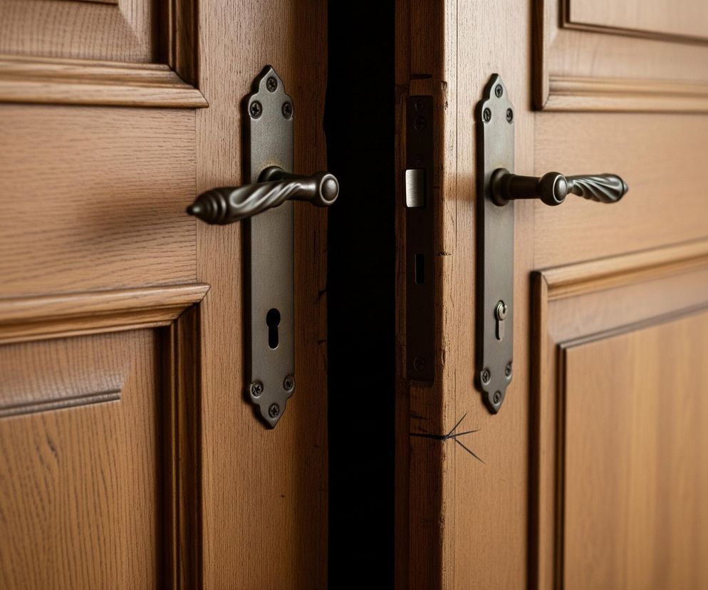 Dwa drewniane skrzydła drzwiowe, w kolorze jasnego brązu z wyraźnym usłojeniem, są uchylone, tworząc ciemną szczelinę pośrodku. Na każdym skrzydle widoczna jest ozdobna, metalowa klamka w kolorze ciemnego grafitu, z rączką o skręconym kształcie. Lewe skrzydło posiada dodatkowo widoczny otwór na klucz pod klamką, a prawe ma na krawędzi kilka ciemnych, cienkich kresek przypominających zadrapania lub rysunki. Tło za drzwiami jest przeważnie ciemne, z jaśniejszym fragmentem po prawej stronie.