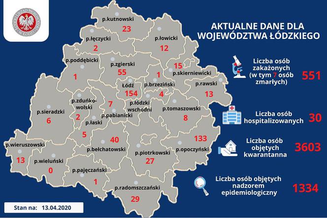 Mapa zakażeń COVID-19 w poszczególnych powiatach województwa łódzkiego.