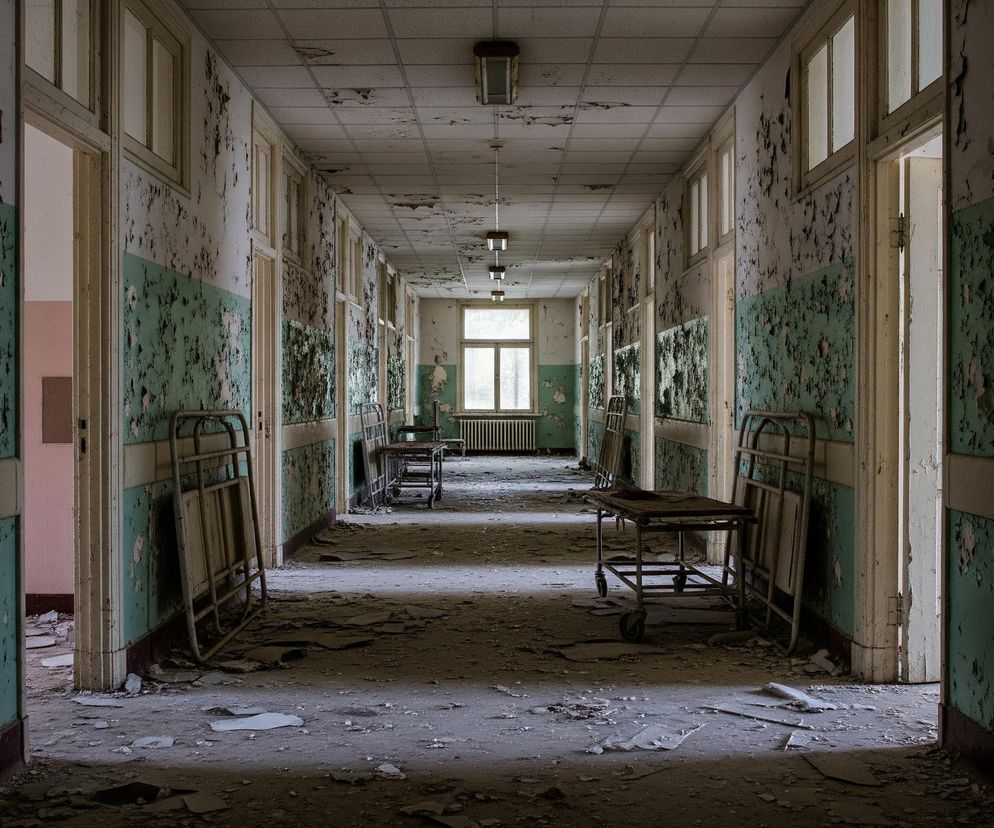 Długi korytarz opuszczonego budynku rozciąga się w głąb obrazu, z odrapanymi ścianami w kolorze zieleni morskiej i popękanej bieli. Na podłodze leżą fragmenty gruzu i odpadającej farby, a wzdłuż ścian stoją metalowe ramy łóżek i wózki medyczne. Na końcu korytarza widoczne jest okno, przez które wpada dzienne światło, rozjaśniając nieco ponure wnętrze. Sufit pokrywają uszkodzone płytki, z których zwisają pojedyncze lampy.