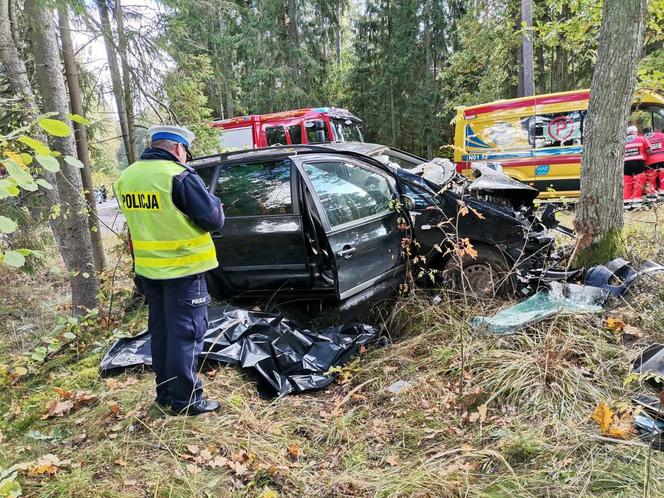 Śmiertelny wypadek między Baniami Mazurskimi i Rapą. Auto uderzyło w drzewo [ZDJĘCIA]