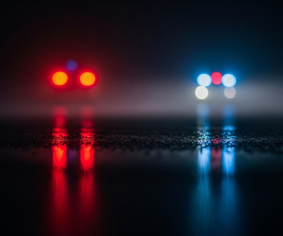 Dwa rozmazane źródła światła, jedno czerwone po lewej i jedno niebiesko-białe po prawej, dominują centralną część ciemnego kadru. Czerwone światło składa się z dwóch dużych, okrągłych kształtów oraz jednego mniejszego, fioletowego elementu powyżej. Niebiesko-białe światło tworzą dwa białe i dwa niebieskie, okrągłe elementy na górze oraz dwa białe na dole. Obie grupy świateł odbijają się na mokrej, ciemnej powierzchni pod nimi, tworząc wydłużone, pionowe smugi światła. Całe tło jest ciemne i niewyraźne, z subtelną mgiełką wokół źródeł światła.