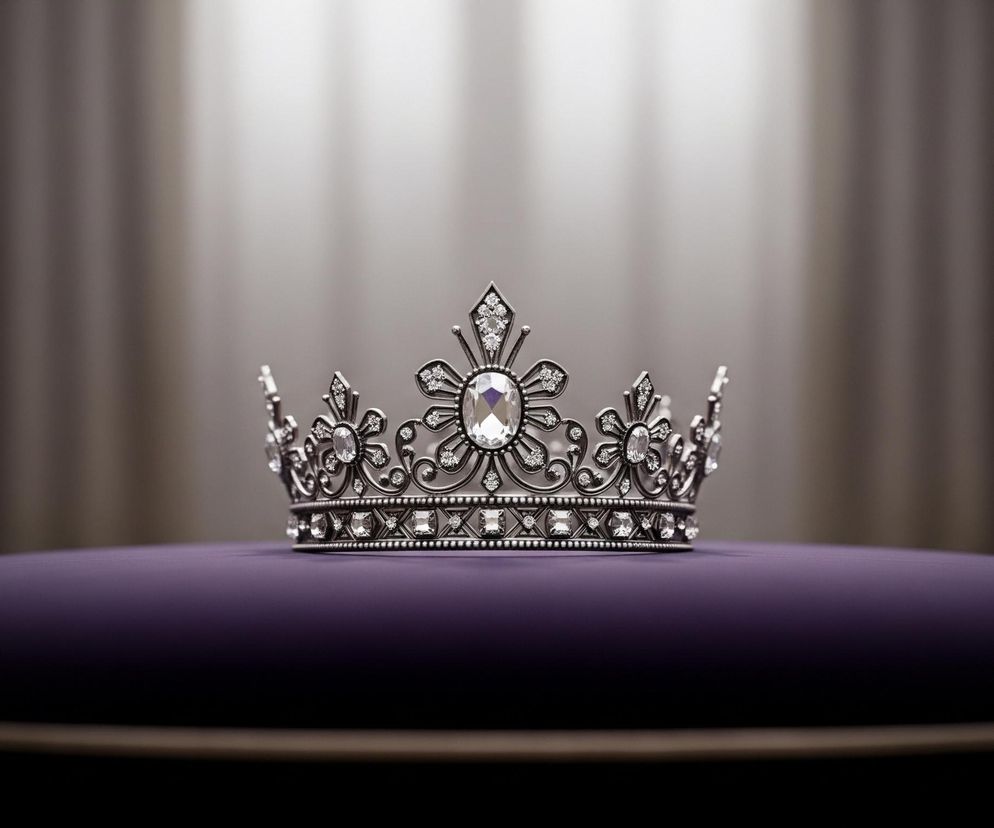 Na pierwszym planie, centralnie, umieszczona jest srebrna korona. Jej metalowa konstrukcja jest bogato zdobiona misternymi zawijasami oraz osadzonymi w niej licznymi, błyszczącymi kamieniami szlachetnymi o różnym kształcie – od owalnych, przez okrągłe, po kwadratowe. Korona spoczywa na fioletowym, pluszowym podłożu, które w dolnej części obrazu przechodzi w ciemniejsze odcienie fioletu i czerni. Tło stanowi rozmyta tkanina, prawdopodobnie zasłona, w odcieniach szarości i brązu, z jaśniejszym, niemal białym pasem światła w górnej części, sugerującym punktowe oświetlenie padające na koronę.