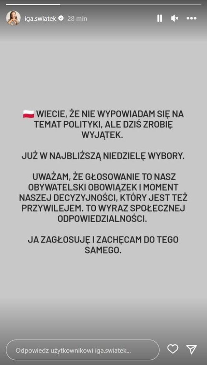 Iga Świątek zachęca do głosowania w wyborach parlamentarnych