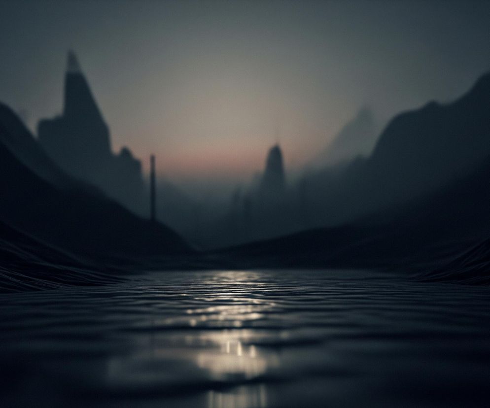 Lustrzana tafla wody z drobnymi falami wypełnia pierwszy plan obrazu, odbijając blade, podłużne światło biegnące od horyzontu. Po obu stronach wody wznoszą się ciemne, niewyraźne zarysy gór lub wysokich wzniesień. W tle, na horyzoncie, rozciąga się zamglone niebo o szaro-różowym zabarwieniu, z kilkoma ostrymi, ciemnymi kształtami szczytów i pionowych struktur. Całość jest utrzymana w ciemnej tonacji, z dominującymi odcieniami granatu, szarości i czerni.