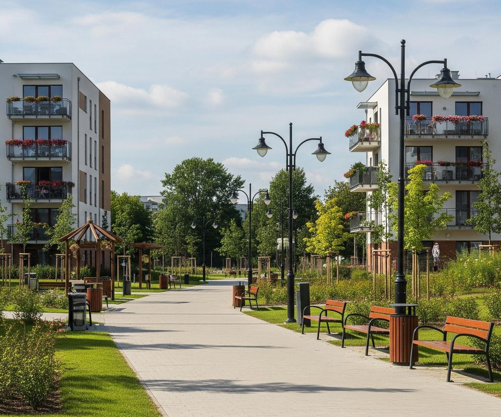 Centralnie widać szeroki, wybrukowany chodnik, biegnący przez zielony teren z licznymi drzewami i krzewami. Po obu stronach chodnika rozmieszczone są czarne latarnie uliczne z podwójnymi kloszami oraz drewniane ławki z metalowymi ramami i cylindryczne kosze na śmieci. W tle, po lewej i prawej stronie, stoją nowoczesne, białe budynki mieszkalne z balkonami ozdobionymi czerwonymi kwiatami.